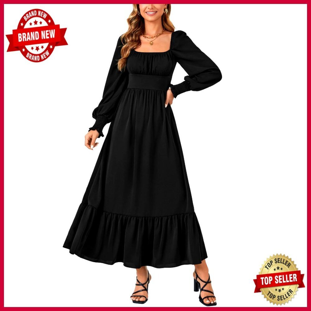 Square Neck Puff Sleeve Smocked Back Empire Waist Flared Maxi Dress